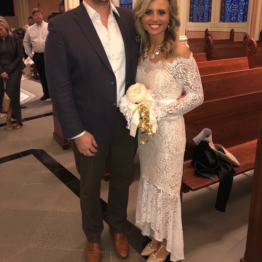 White lace dress with nude underlay
